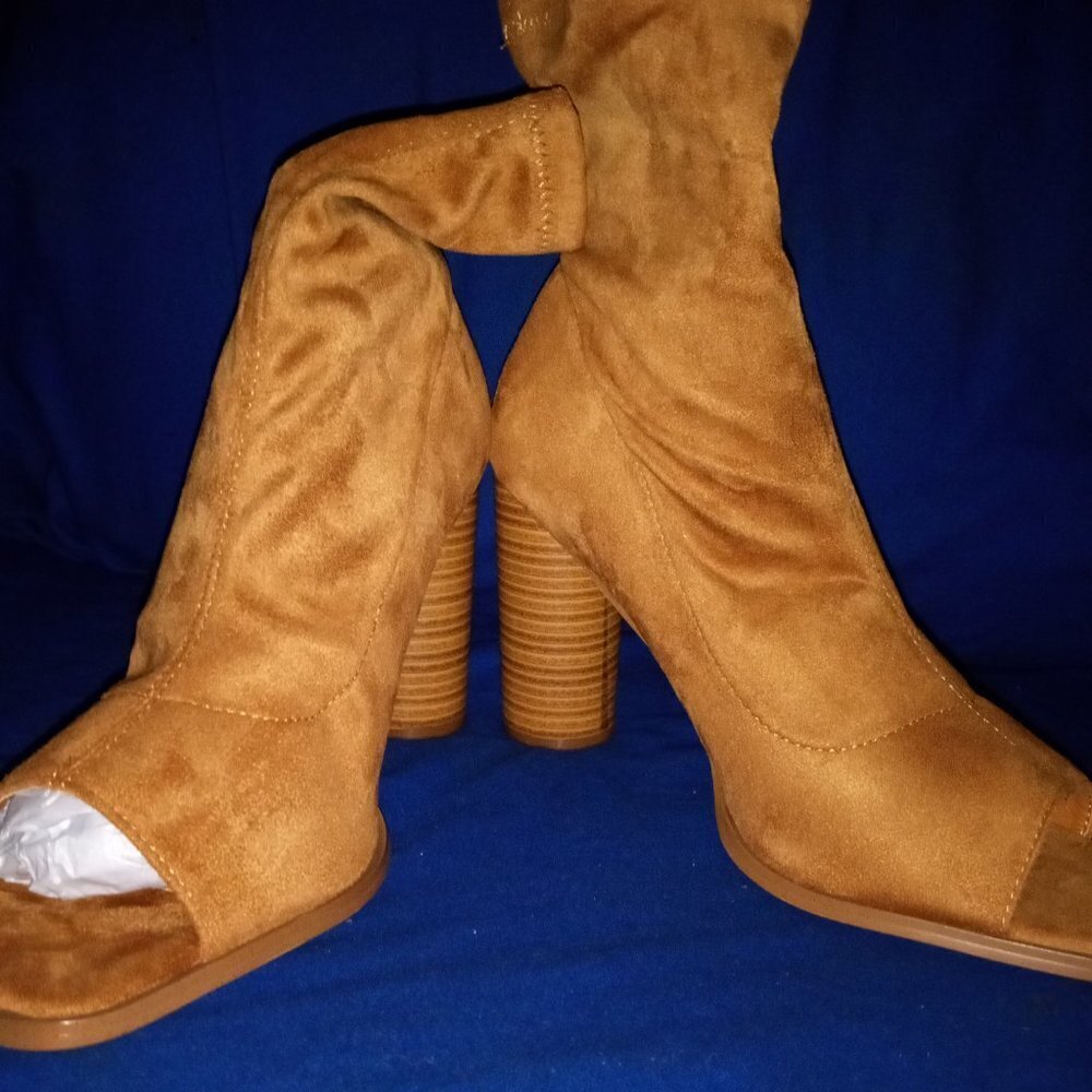 ALWAYS READY / COGNAC Stylish Peep Toe Ankle Boots Chunky Stacked ( BRAND NEW